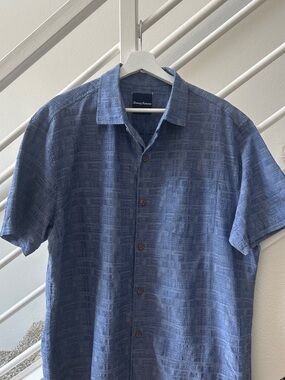 Tommy Bahama Blue Textured Short-Sleeve Camp Shirt Silk Cotton Size L